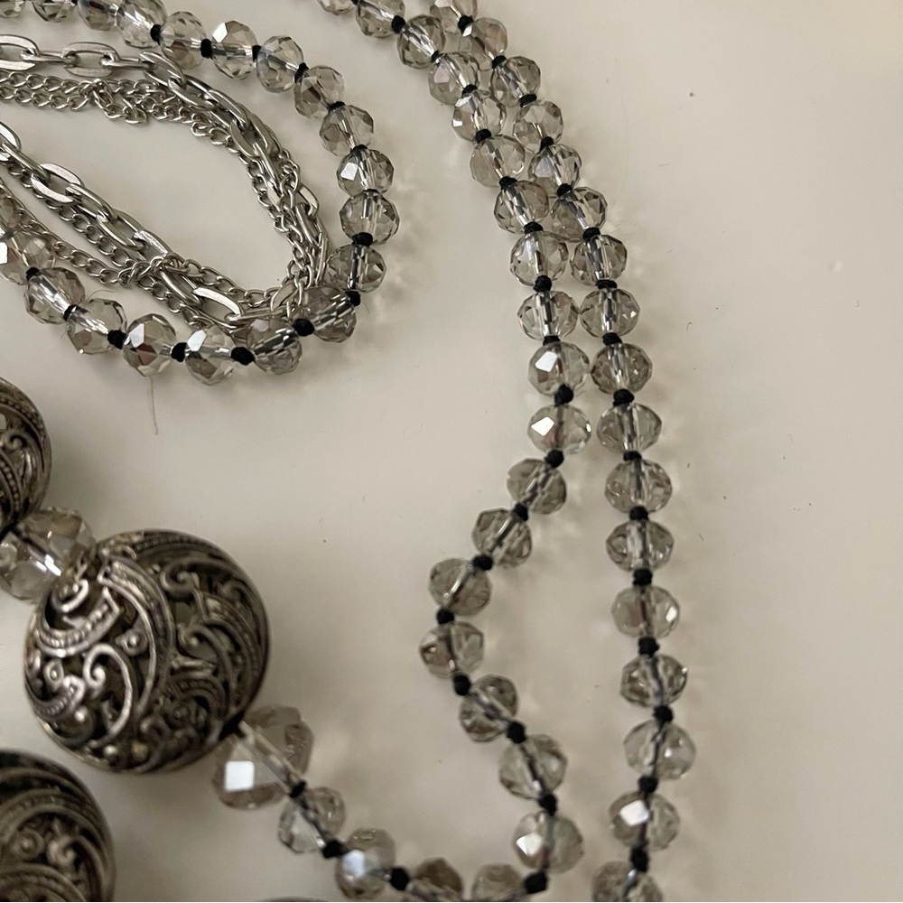Vintage Opera Length Filigree and Hand Knotted Smokey Grey Crystal Beads - Picture 10 of 13